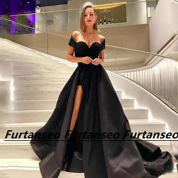 Fekete báli ruha Kedvesem le a vállról Gyöngyfűző Vestidos De Gala szatén magas osztott drapp kefevonat Hivatalos alkalom ruhák