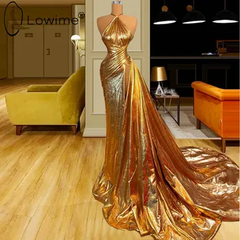 Szexi magas hasított arany sellő estélyi ruhák 2021 Arab Halter Long Party báli ruhák köntösök Formale Vestidos De Fiesta