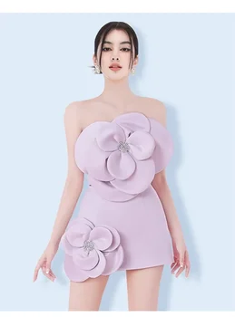 Világos lila női báli ruha szexi rövid mini partiruha 3D virág hivatalos irodai hölgy üzleti munkaruha