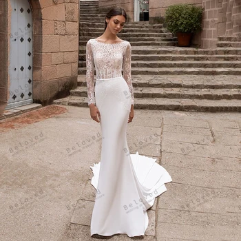 Klasszikus esküvői ruhák nőknek 2024 Gyönyörű menyasszonyi ruhák Csipke rátétek O-nyak hát nélküli köntösök menyasszonyoknak Vestidos De Novia