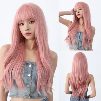 Rózsaszín parókák frufruval Hosszú hullámos rózsaszín paróka nőknek Szintetikus természetes hullámos paróka hőálló színes parókák a napi cosplay hajhoz