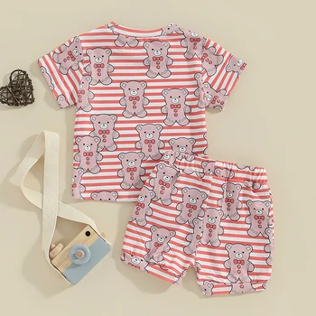 Baby Girls 2 részes ruha Bear Stripe Print rövid ujjú póló és rugalmas rövidnadrág készlet Aranyos nyári ruhák