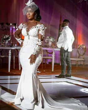 Új dizájn hosszú ujjú afrikai esküvői ruhák Sweep Train Plus size sellő szatén menyasszonyi ruhák