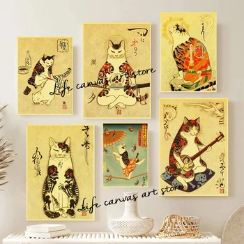 Retro Japán szamuráj macska tetoválás Macska karddal Állat művészet Plakát Vászon festés Fali nyomatok Kép Nappali Lakberendezés