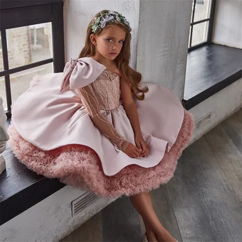Rózsaszín puffadt réteges egyvállú flitteres virágos lány ruha esküvőre Aranyos gyermek elsőáldozási parti szépségverseny ruhák