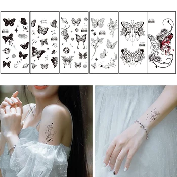 Vízálló ideiglenes tetováló matricák Fekete pillangó rózsa transzfer Flash Tatoo nők Szexi nyak kéz mellkas testművészet hamis tetoválások