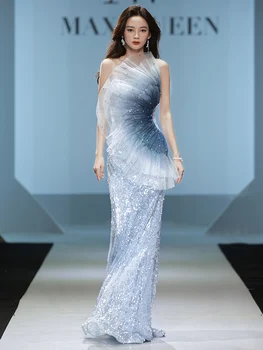 18024#Csillogó tengerkék csillagos ég sellő design szalagavató parti ruha egyedi rajongói tüll gyöngyös estélyi koktélruha nőknek 2023