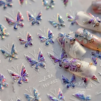 Lézer pillangó körömmatrica 5D gravírozott matricák Színes csillogó pillangó ragasztó csúszkák körmökhöz DIY manikűr dekorációk