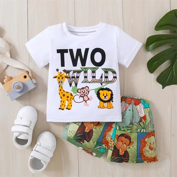 Toddler Baby Boys rövidnadrág ruhák Rövid ujjú betűk mintás póló állatmintás rövidnadrággal Nyári szett