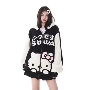 Hello Kitty bárány gyapjú kabát anime rajzfilm Sanrio lány termikus felső őszi téli diák laza kapucnis vastag pulóver ajándék