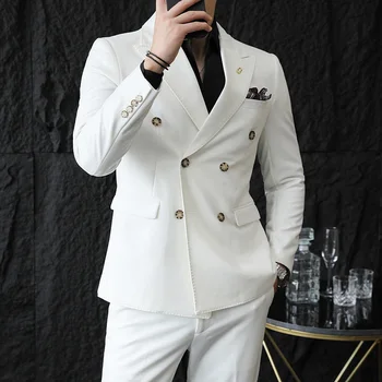 2023 Csúcskategóriás dupla mellű öltöny M-5XL (öltöny + nadrág) Stílusos és jóképű trend koreai vékony egyszínű öltöny Kétrészes készlet