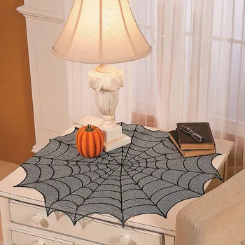 Kerek poliészter csipke asztali szőnyeg Halloween dekoráció csipke pókháló asztalterítő fekete asztali futók rendezvény party kellékek