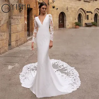 OYISHA V-nyakú sellő esküvői ruhák Klasszikus teljes ujjú szatén rátétek Fehér menyasszonyi ruhák Csipke Gyönyörű Vestido De Mariages