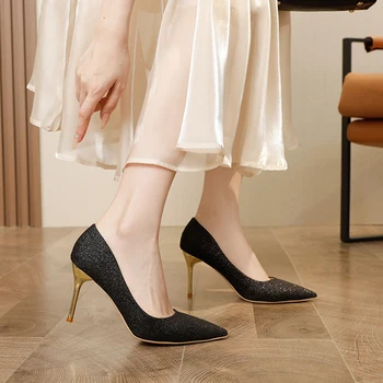 Rimocy Fashion Slip-On Tűsarkú pumpák Nők Bling Fényes magassarkú cipő Nő Szexi Ponted Toe Flitteres Party cipő Hölgyek