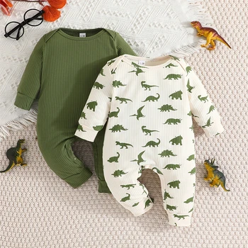 Baby Boy 2 csomag hosszú ujjú jumpsuit újszülött bordázott tömör dinoszaurusz mintás body, újszülött coming home ruha