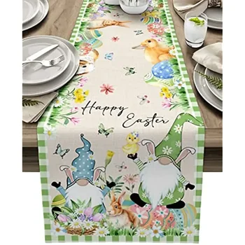 Húsvéti tojás Gnómok Nyuszi zöld kockás asztali futók Esküvői dekorációk Vászon asztali futó parti konyhához Vacsora dekoráció