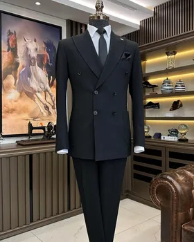 Fekete férfi üzleti öltöny Vőlegény vőlegény esküvői parti hivatalos alkalom szmokingok 2 részes szett kabát nadrág