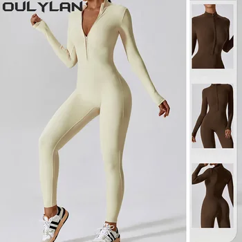 Oulylan bodysuit tréningruha női jumpsuit egyrészes öltöny cipzáras hosszú ujjú jóga szett edzőterem push up edzőruha fitnesz