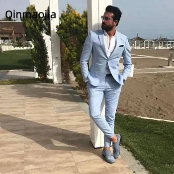 Blue Slim Fit férfi báli öltönyök rovátkolt hajtókás menyasszony vőlegény Beach esküvői szett Tuxedos blézer szett 2 részes (dzseki + nadrág) Férfi ruházat