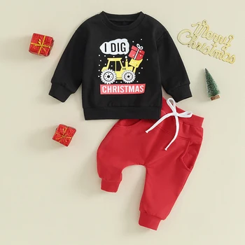 Suefunskry Toddler Boys 2DB nadrág szett hosszú ujjú karácsonyi levél nyomtatású pulóver pulóver és húzózsinóros nadrág ruhák