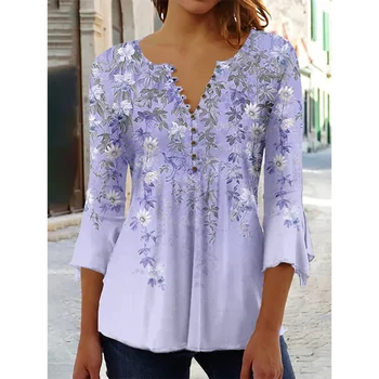 Nyár Új női V-nyakú póló 3D virág elem nyomtatott ruházat Napi utcai stílusú divat női V-nyakú eredeti 2023