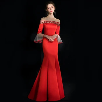 JaneVini 2019 Le a vállról gyöngyös piros szatén hosszú koszorúslány ruhák költő ujjak hát nélküli sellő bájos formális báli ruhák
