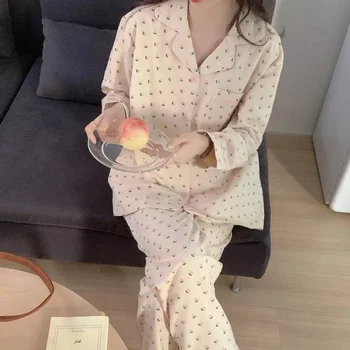 Eper hálóruha női pizsama szettek Koreai Piiama tavaszi szettek nőknek 2 darab hosszú ujjú éjszakai viselet Otthoni alvóruha Új