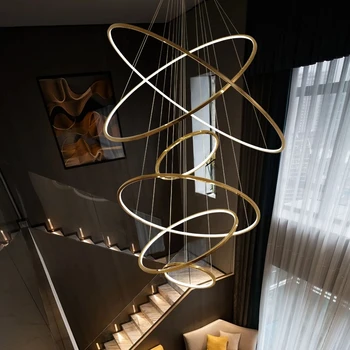 Nordic LED csillár kör Arany villa Függő világítás Luxus lépcső függőlámpa Kiállítóterem Dekoratív lakberendezés