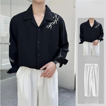 2023 Férfi készletek Streetwear kontraszt hajtóka hosszú ujjú ing és nadrág 2 részes készlet rakott laza divat férfi alkalmi öltönyök Q30