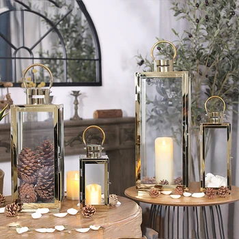 Európai stílusú gyertyatartó könnyű luxus romantikus dekorációs díszek, rozsdamentes acél arany ezüst szélálló lámpa, padlótól ceilig