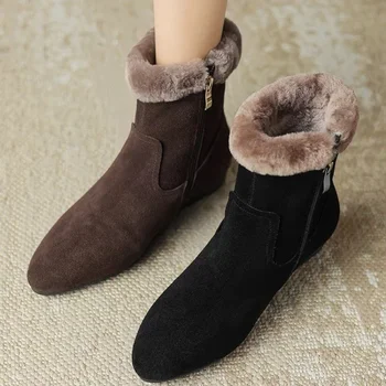 Új téli divat divatos hegyes orrú lapos cipzáras egyszínű elegáns kényelmes és meleg női csizma platform csizma