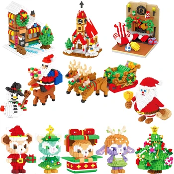 MOC Karácsonyi mikro építőelemek Mikulás hóember fa jávorszarvas Aranyos medve ház Mini kockakészletek Rajzfilm játékok gyerekeknek ajándék