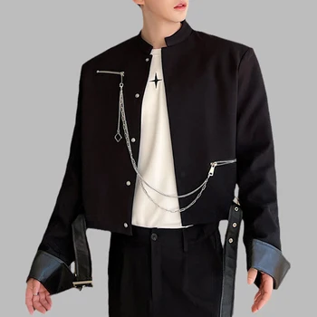 2023 Férfi dzsekik Bőr patchwork Solid Stand Collar Streetwear Hosszú ujjú fém cipzáras crop coat Koreai személyiség felsőruházat