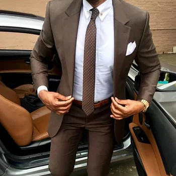 Legújabb barna férfi öltöny szmokingok minták slim fit elegáns kabátnadrág esküvői üzleti parti öltönyök 2 darab (dzseki + nadrág)