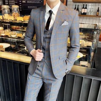 (dzsekik+mellény+nadrág) Férfi koreai blézerek Slim Check Brit üzleti öltöny férfi háromrészes esküvői vőlegény férfi ruha