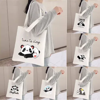 Aranyos panda női válltáskák vászon táska nők gyönyörű vásárlás élelmiszerbolt újrafelhasználható iskolás lányok ajándéka