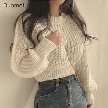 Duomofu Alkalmi kötött pulóver Koreai nők Divat Laza vágott pulóver felsők Őszi Női All Match Streetwear pulóver Új