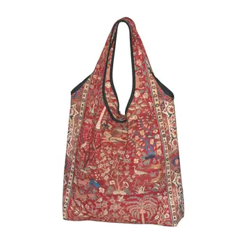  Újrafelhasználható antik perzsa szőnyeg fákkal Kőszáli kecske és madarak bevásárlótáska női táskák Hordozható cseh élelmiszerboltok Vásárlói táskák
