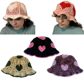 Kézzel készített vödör kalap elegáns szív díszített Y2K cloches stílus nőknek Party egyszerű kalap Hepburn Lady kötött vödör kalap