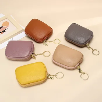 Női mini pénztárca Egyszínű valódi bőr cipzáras érme pénztárca Multifunkcionális marhabőr érme tasak Kulcstartó kártyatáska