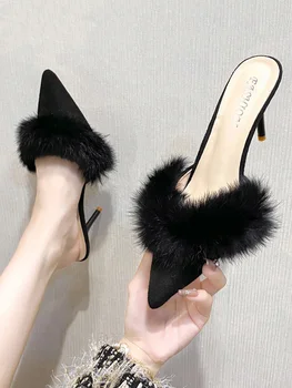 Flock szőrme cipő Női papucs borító Lábujj Luxus csúszdák Sarkú öszvérek Med Plüss 2023 Tervező Magas Nyári Vékony Róma Divat PU R