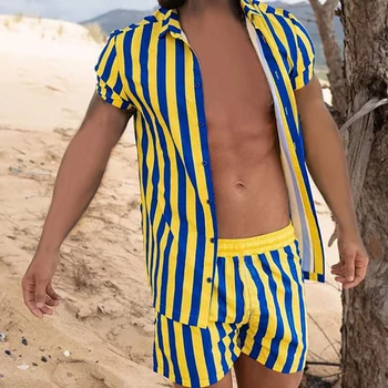 Nyári leopárdnyomtatás rövid ujjú gombos ing Beach Shorts kétszett alkalmi ünnepi férfi 2 részes öltöny Trend férfi hawaii szettek