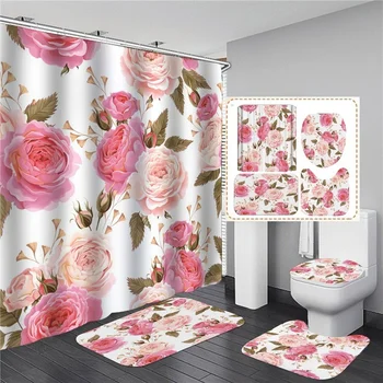 Rózsaszín virágok Rózsa elegáns nyomtatott zuhanyfüggöny szett vízálló női fürdőkád talapzat szőnyegfedél szőnyeg Cortina Ducha