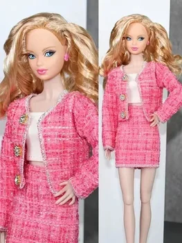 Rózsaszín kockás 1/6 babaruhák Barbie ruhákhoz szett Barbie babákhoz Ruházat Felső kabát szoknya 11,5