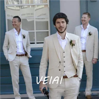 Bézs strandvászon férfi öltönyök esküvőre 3 részes kabátmellény nadrággal Vőlegény Tuxedo Új divat jelmez Kiváló minőségű