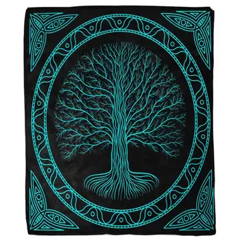 Druidic Yggdrasil fa takaró, éjszaka kerek sziluett fekete és kék logó Gótikus ősi meleg puha flanel takarók
