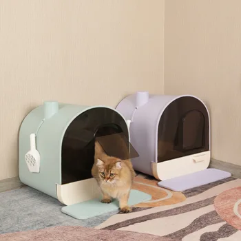 Teljesen zárt macska alomdoboz Nagy macska WC-fiók Aktív szén szagtalanítás kémény dupla homokgátló
