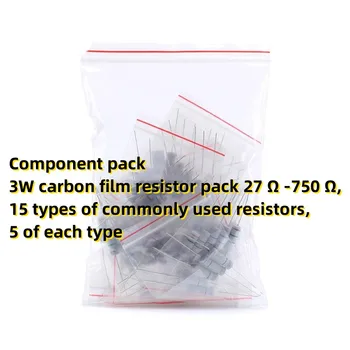 Komponenscsomag 3W szénfilm ellenállás csomag 27 Ω -750 Ω, 15 típusú általánosan használt ellenállás, mindegyik típusból 5