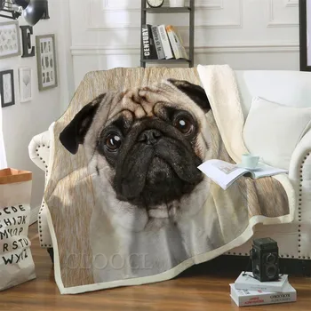 HX Állatok takarók 3D grafika Állat kutyák Mopsz kétrétegű takaró Háziállatok nyomtatott plüss paplan iroda Nap autó takaró