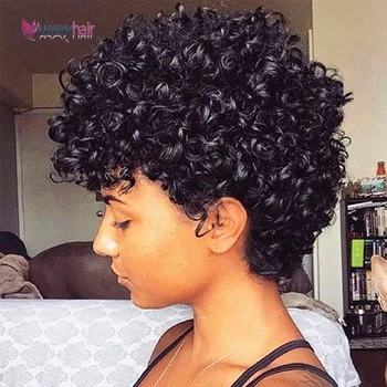 Rövid göndör emberi haj parókák fekete nők számára Pixie vágott vízhullám mély hullámú fekete színű Remy haj 180% sűrűségű teljes gép paróka